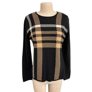 Plaid Pattern Jeanne Pierre Sweater Womens Medium Black Beige Cotton Long Sleeve